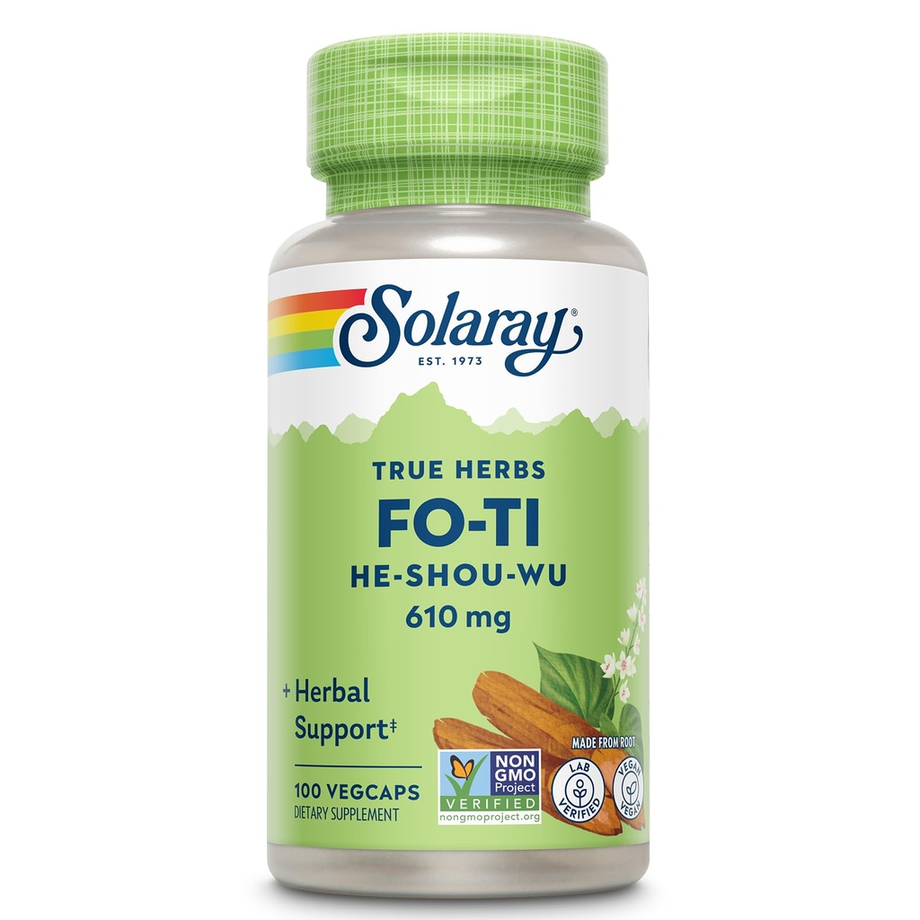 SOLARAY Fo-Ti 610 mg - Soutien à base de plantes pour le vieillissement, la longévité et les cheveux, la peau et les ongles - Vegan - Garantie de remboursement de 60 jours - 100 portions, 100 capsules