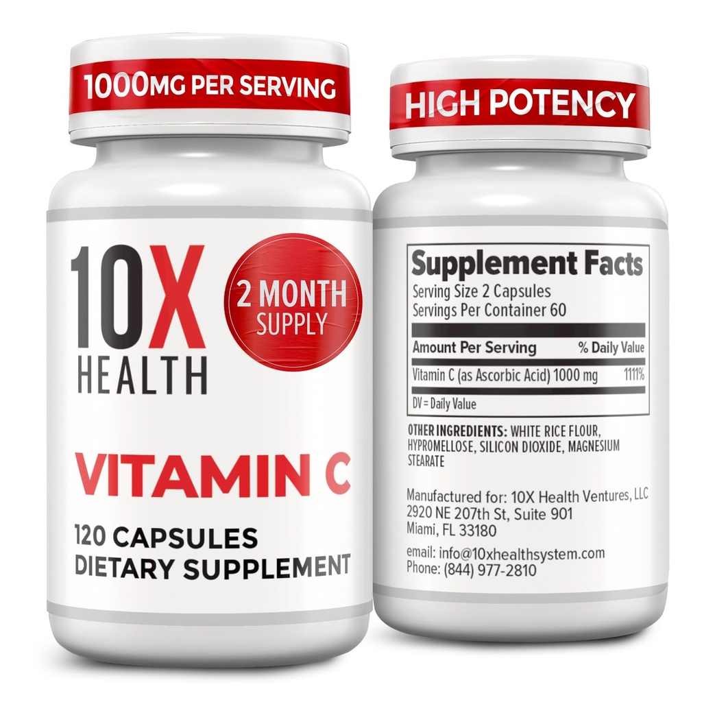 10X Santé Vitamine C 1000mg - 120 Capsules Vitamine C, Acide ascorbique à forte dose pour l'immunité, la protection antioxydante, le collagène et le soutien tissulaire pour les adultes - VitamineC 1000 mg - Non-OGM, sans gluten