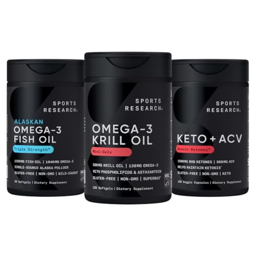 Sportonderzoek Triple Strength Omega-3 Visolie, Antarctische Krillolie + Fosfolipiden, Choline & Astaxanthine Mini-Softgels, Keto Plus ACV 500mg Apple Cider Vinegar & 1500mg goBHB Exogene Ketones