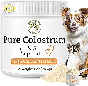 Wholistic Pet Organics Bovine Colostrum Powder - 1 Oz - Seasonal Dog Allergie Relief - Itch Relief for Dogs - Natural Anti Itch Supplement for Dogs - Made in USA - Alternative to Dog Allergy Chews