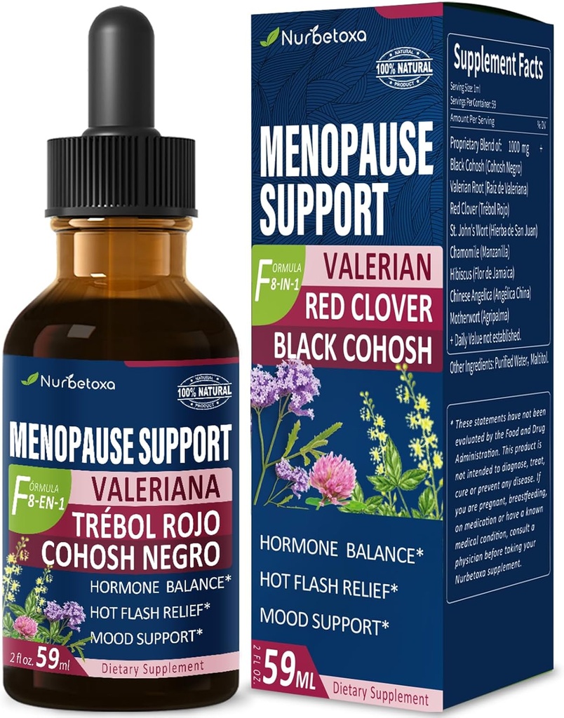 Black Cohosh Menopauze Support Drops, Phytooestrogeen Supplementen W/Red Clover, Motherwort & St. John's Wort Extract voor Hot Flashes, Night Sweats & Comfort. Cimicifuga para Menopausia.