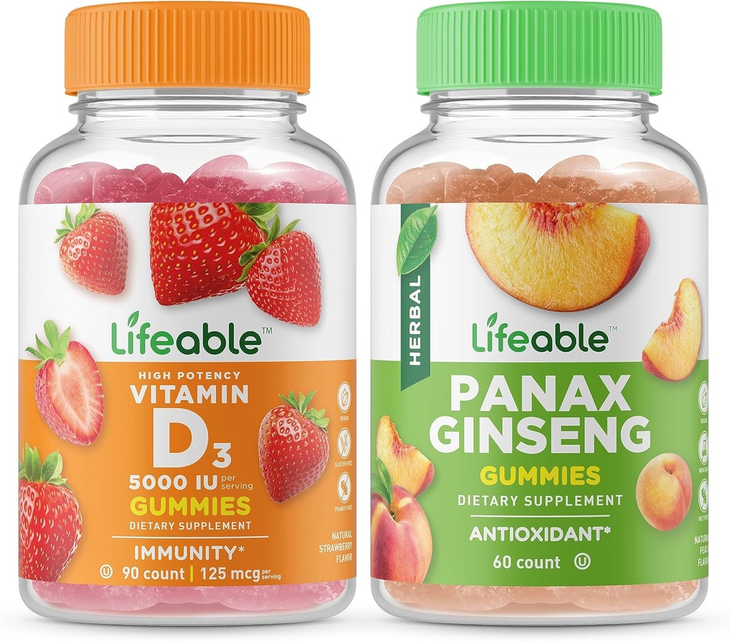 Levensvatbare vitamine D 5000 IE + Panax Ginseng, Gummies Bundle - Grote Proeverij, Vitaminesupplement, Glutenvrij, GGO-vrij, Kauwgom