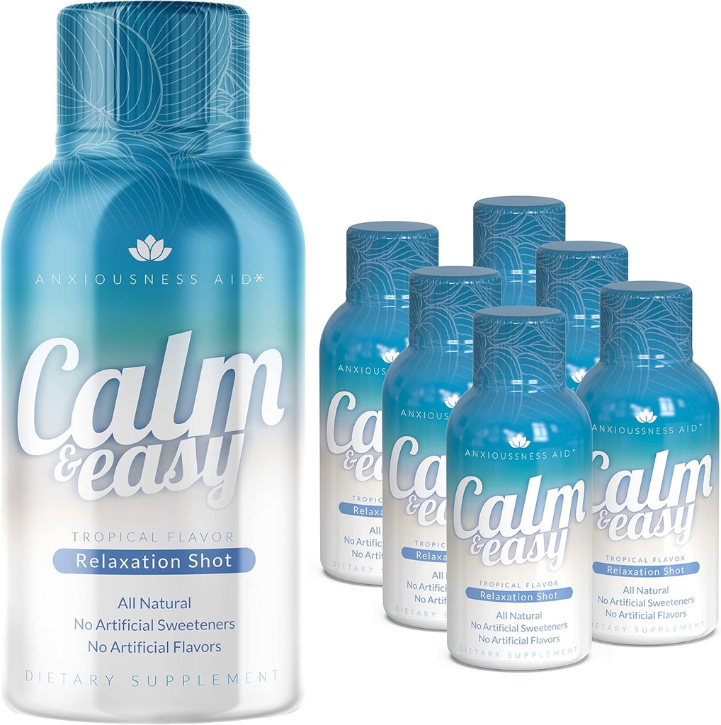 Kalm & eenvoudig - Natuurlijke Stress Relief Shot, KSM-66 Ashwagandha, Suntheanine L Theanine, Calming Adaptogen Drink, Relaxation, Focus, en Mood 2 oz Liquid Bottle (6 Pack)