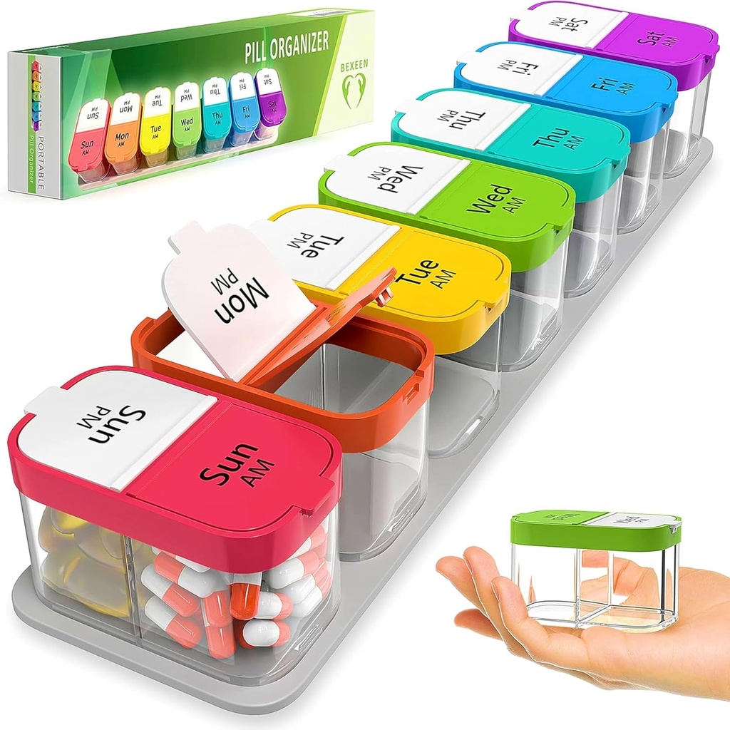 Extra Large Weekly Pill Organizer - XL Vitamine houder met 7 Afneembare AM PM Compartments - Portable Medicine Dispenser voor thuis en reizen, Big Supplement Container voor wekelijks of dagelijks gebruik, Regenboog