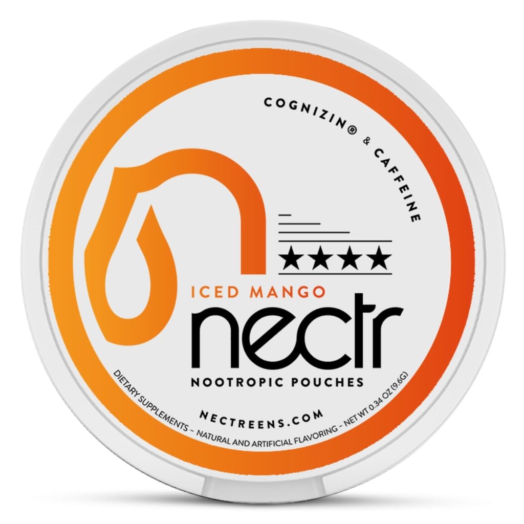Pochettes Nectr Energy Nootropic – Iced Mango Flavored, Pochettes caféines avec Cognizin® Citicoline. Cerveau sans sucre. Smooth, Sustained Focus & Energy Supplément - 1 rondelle de 16pcs