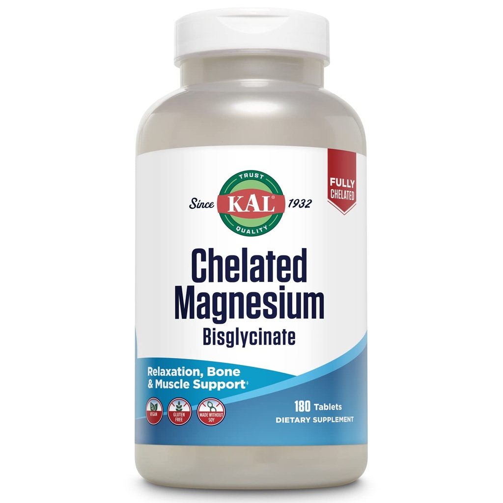KAL Chelated Magnesium Bisglycinate, Magnesium Supplement for Relaxation, Bone Health, Nerve & Muscle Function Support*, High Absorptie, Gentle Digestie, Vegan, Glutenvrij, 60 Servings, 180 Tablets