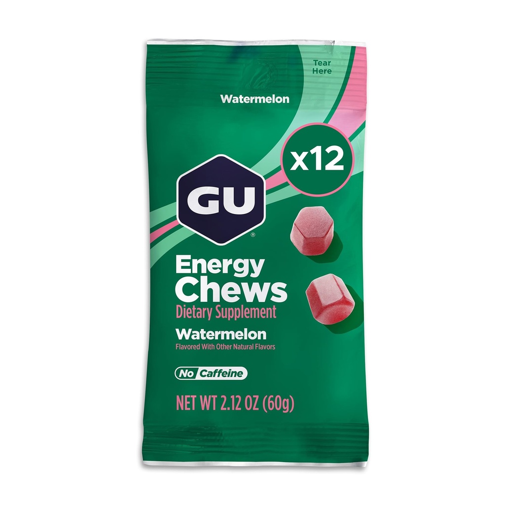 GU Energie Kauwen, Watermeloen Energie Gummies met Elektrolyten, Veganist, Glutenvrij, Kosher, Cafeïnevrij, en Dairy-Free On-The-Go Energie voor elke training, 12 Zakken (24 Serven Totaal)