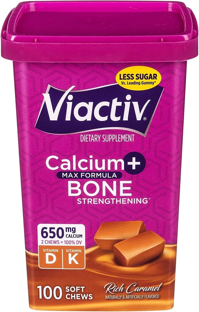 Viactiv Max Formule Calcium + Vitamine D3 Supplement voor Bone Health, Rich Caramel, 100 Zachte Kauwen - 6 Pack