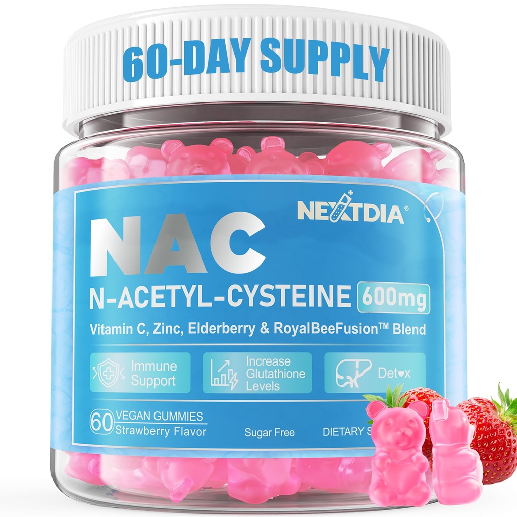 Nextdia NAC Gummies for Kids & Adults, Chewable N-Acetyl Cysteine Supplement 600mg 1000mg w/Vitamine C, Zink, Vlierbes for Antioxidants & Immune Support, Lung & Liver Health, Sugar Free, 120 Ct