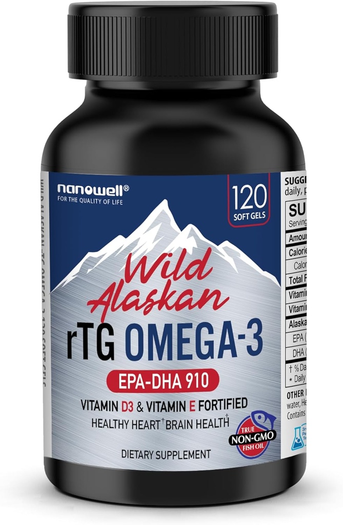 NANOWELL Wild Alaska rTG Omega-3 Visolie 1196mg - EPA, DHA, vitamine D3 & E - 120 Softgels, 60 Day Supply