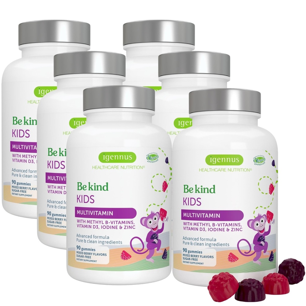 Igennus Gemethyleerde Kids Multivitamine Gummy, MTHFR, Geen kunstmatige zoetstoffen of smaken, Suikervrij, Leeftijd 4+, 90 Natuurlijke Berry smaak Gummies van Fruitpoeder, Non-GMO, Halal, Clean Label x6
