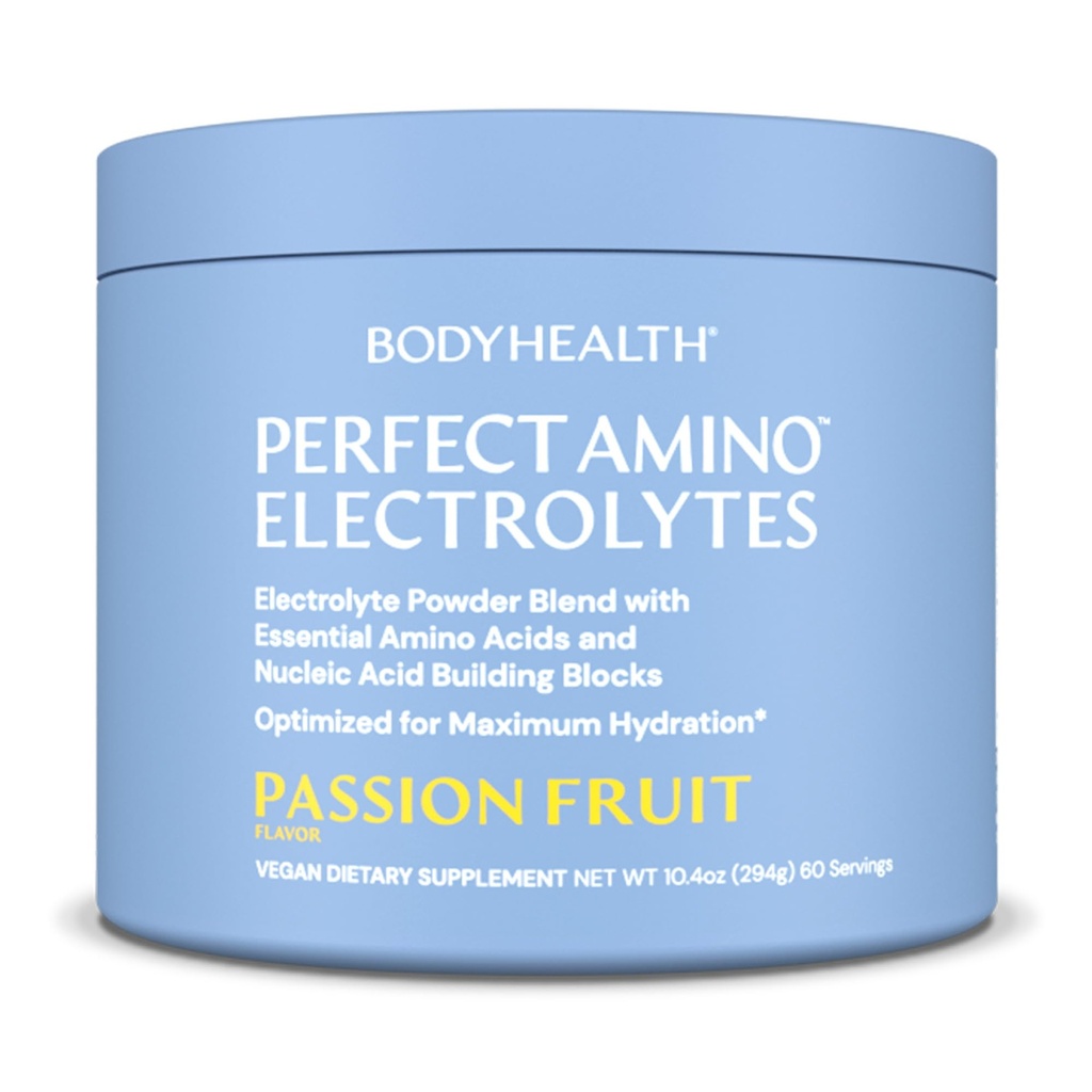 BodyHealth PerfectAmino Electrolytes Poudre Pas de sucre, Hydratation Jeûne Keto Zero Sucre Electrolytes Boisson Mélange avec Trace Minerals - Passion Fruit - 60 portions