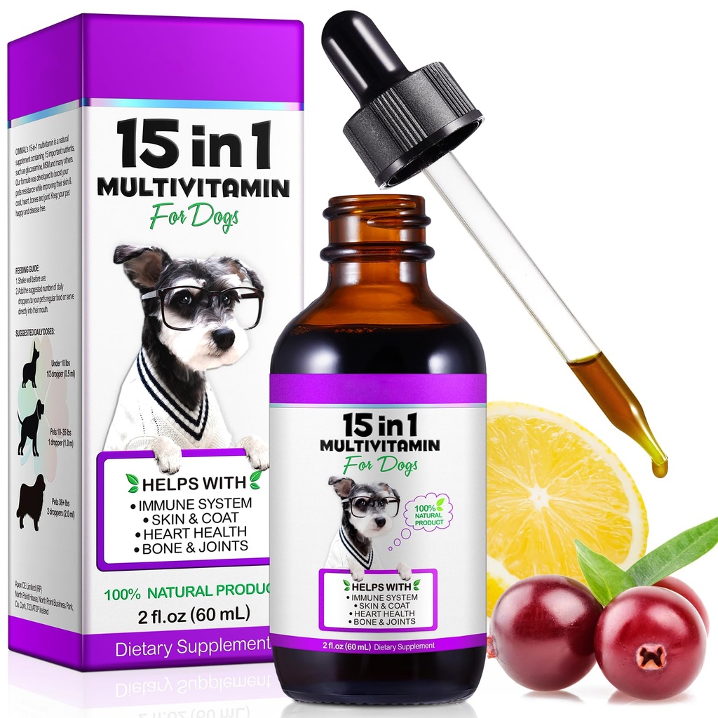 Honden Multivitamine,15 in 1 Honden Multivitamine Liquid Drops Supplementen, Honden Vitaminen voor de gezondheid van het hart, Bones, Gezamenlijke, Huid & Coat, Blaas, Immuun Systeem Ondersteuning 60ml