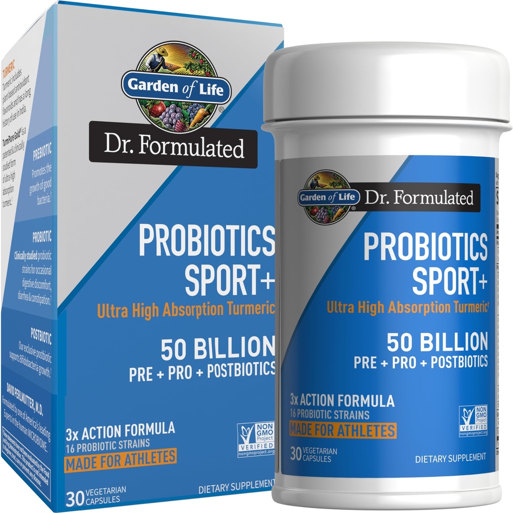 Garden of Life Dr Formulated Sport Probiotica Digestief Supplement, Biologische Prebiotica voor vrouwen & mannen Atleten, Klinisch bestudeerd Kurkuma Curcumin, 50 miljard CFU, Gut Health, Acidophilus, 30ct