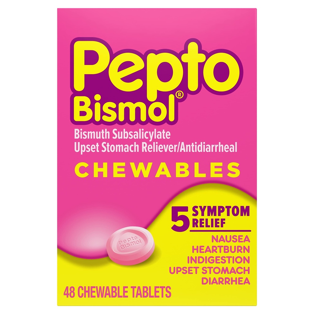 Pepto Bismol Chewable Tablets, Upset Stomach Relief, Nausea Relief, Heartburn Relief, Indigestion Relief, Anti Diarrhea Medication for Adults - 5 Symptom Relief, 48 ct