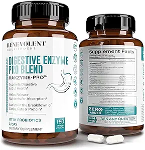 High Fiber Digestieve Enzymen Supplement - 180 Capsules, Gepatenteerde 2500HUT Makzyme-Pro Blend Probiotica Plus Papaya, Bromelaine, Multi Natural Extracts voor gezonde spijsvertering & Bloating Reduction