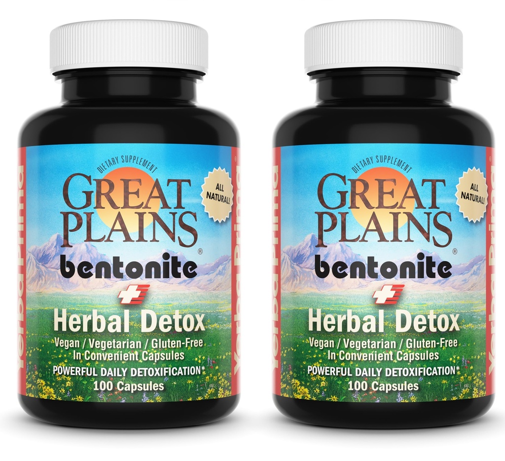 Yerba Prima Great Plains Bentonite Clay Caps Plus Herbal Detox (verpakking van 2) - Food Grade - Lever & Colon Cleanse Supplement Capsules
