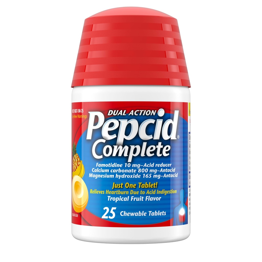 Pepcid Complete Acid Reducer + Antacida voor Acid Reflux, 10 mg Famotidine, 800 mg Calcium Carbonaat & 165 mg Magnesiumhydroxide per maagzuurtablet, Antacida Kauwgom, Tropisch Fruit, 25 st.