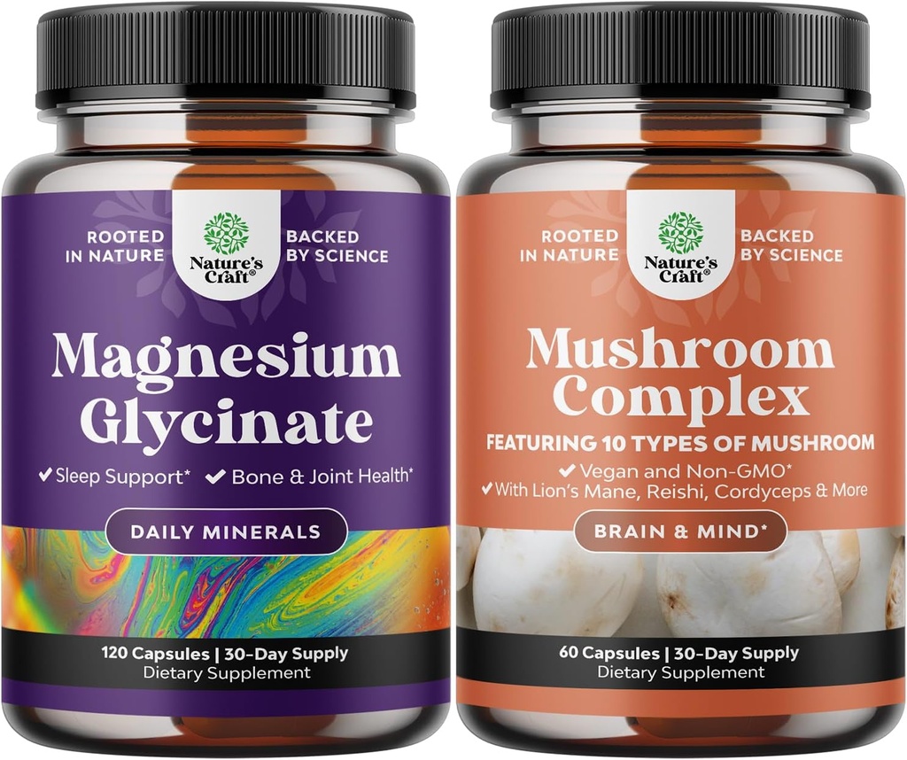 Bundel van Magnesium Glycinate Capsules Mineral and Nootrope Brain Focus Mushroom - Immune Support Bone Health Mood Support - 10X Mushroom Blend voor Sugar Balance en Mental Focus