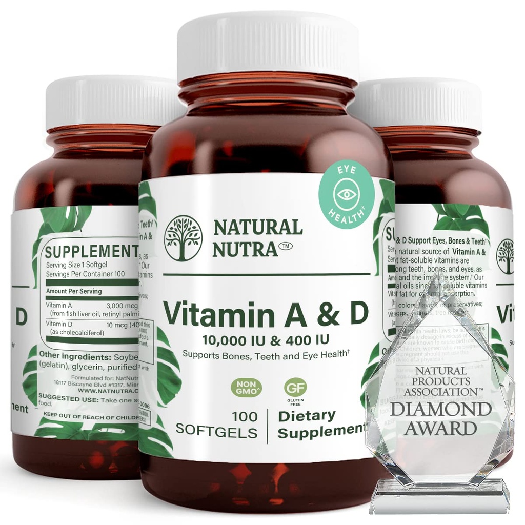Natuurlijke Nutra Vitamine A en D, Ondersteunt Bone Health & Enhance Eye Health, Promoot Sterke Tanden, Verbetert vitaliteit, Bron van kabeljauw Leverolie, Ondersteunt totale gezondheid, 10000IE/400IE, 100 Softgels