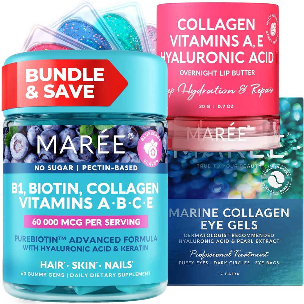 MAREE Bundle - Vitamine B1 Thiamine Gummies, Lip Mask, Under Eye Gels - A, E, D, C Vitamines - Collageen & Hyaluronzuur - Complex for Skin, Nails, Hair - Mask for Dry Lips - Gels for Puffy Eyes