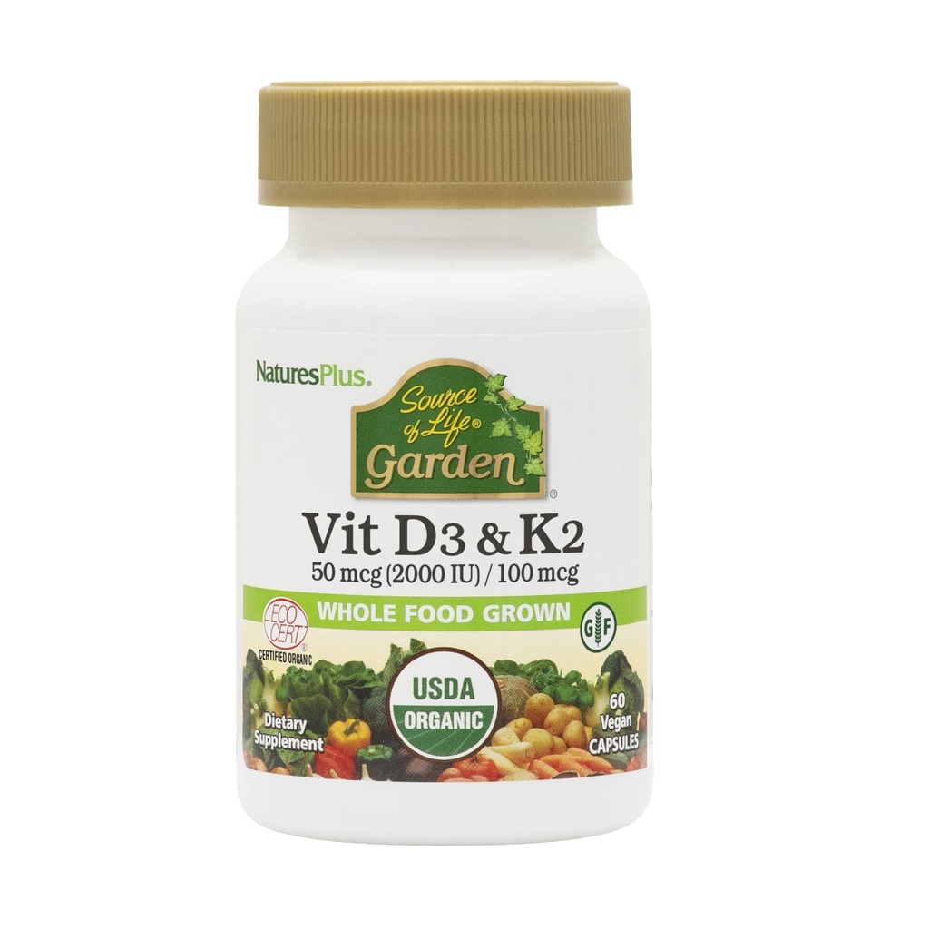 Natures Plus Bron van Life Garden Vitamine D3 & K2-60 Vegan Capsules - Bevordert botondersteuning, immuunfunctie, cardiovasculaire gezondheid en vochtbalans - Veganistisch, glutenvrij - 60 porties