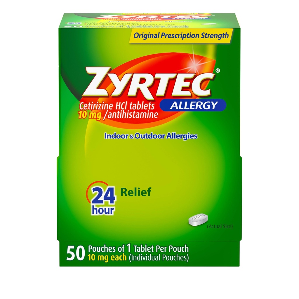 Zyrtec 24 Hour Allergy Relief Tablets, Individually Wrapped Indoor and Outdoor Allergy Medicine with 10 mg Cetirizine HCl per Antihistamine Tablet, 1 Tablet Per Pack, 50 ct Dispensit Pack