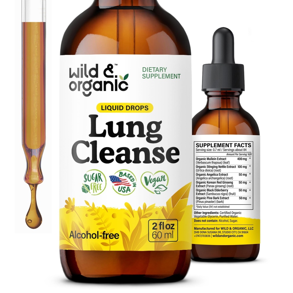 Wild & Organic Lung Cleanse Tinctuur - Mullein Leaf Extract voor Lungs - Herbal Detox Supplementen - Vegan, Sugar & Alcoholvrije Mullein Drops - 2 fl oz