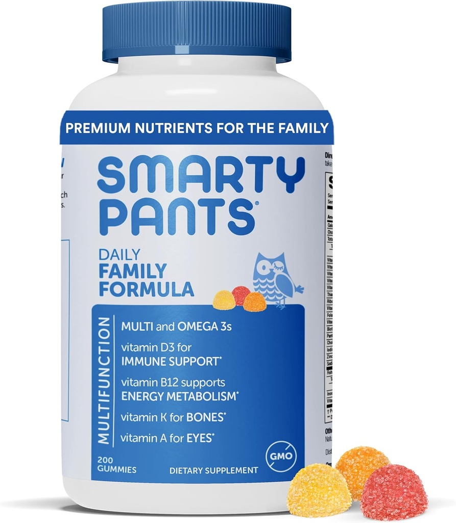 SmartyPants Multivitamine voor mannen, vrouwen en kinderen: Vitamine Gummies met Omega 3 Visolie (EPA/DHA), Methylfolaat, Vitamine D3, C, Vitamine B12, B6, Vitamine A, K & Zink, 200 Tellen (30 dagen levering)