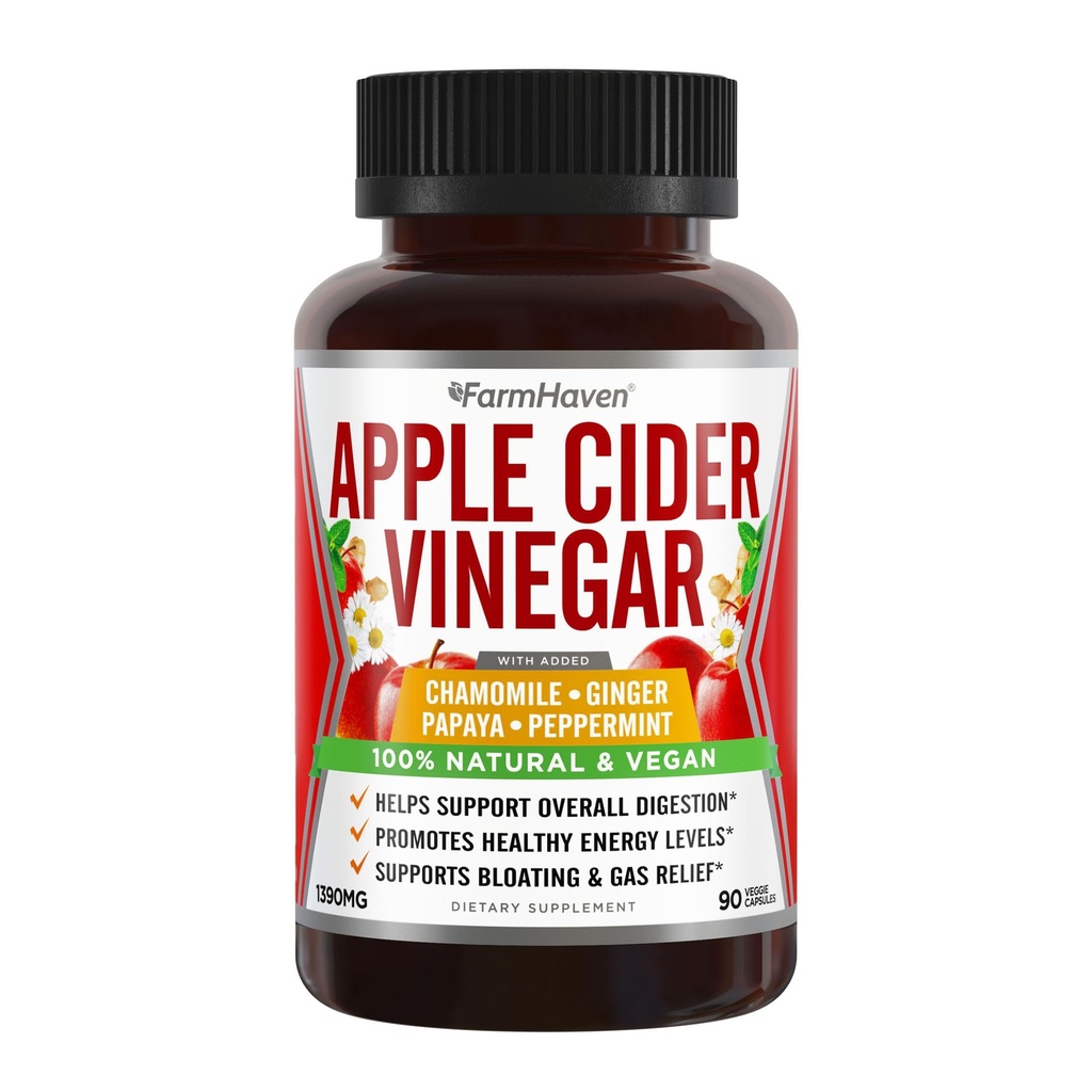 Capsules de vinaigre de cidre de pomme avec gingembre, papaye et camomille.