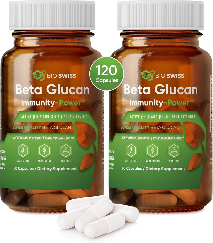 Bio Swiss Beta Glucan Immunity Power - 1,3D-1,6D Glucan with Vitamin D - Immune Support Supplement for Enhanced Defense and Wellness - Vegan, Gluten-Free (120 Capsules)