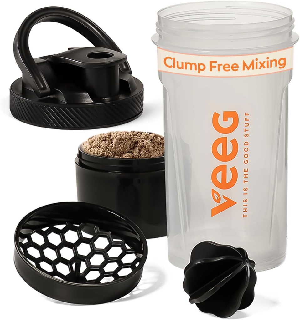Veeg Shaker Bottles for Protein Mixes, Protein Shake Bottle with mixing ball, strainer, storage compartment. 24 oz gym shaker bottle, Flip Top Lid, Carry Handle. BPA-free, Leak-proof, Dishwasher Safe.