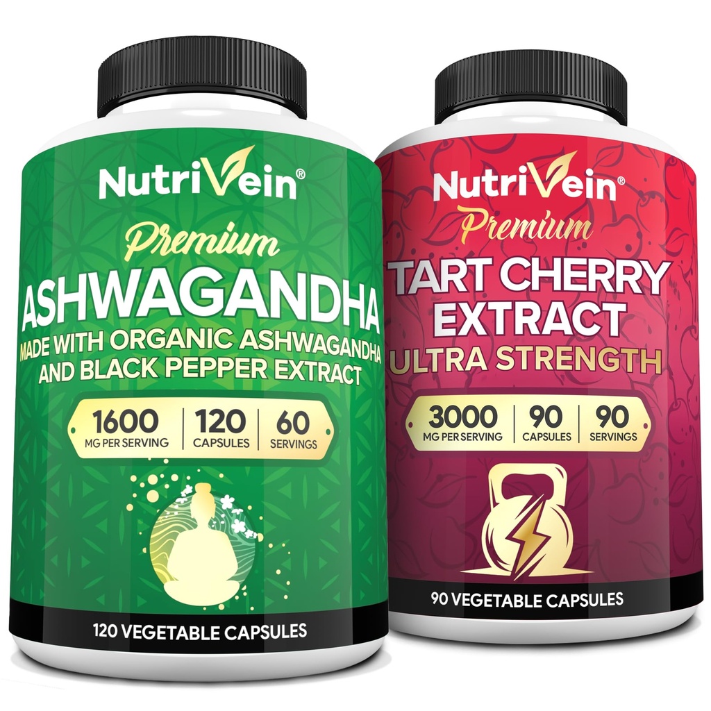 Nutrivein Premium Ashwagandha Capsules & Tart Capsules Cerise: Extrait de Tart à haute absorption et suppléments Ashwagandha pour la récupération, l'équilibre et la vitalité