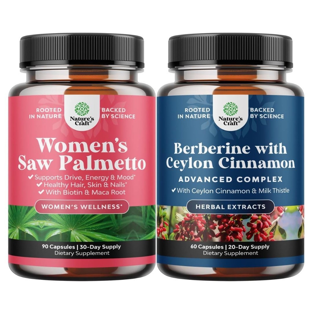 Bundel van extra kracht Zag Palmetto voor vrouwen en Balancing Berberine Plus 1200mg Complex - DHT Blocker Verdikend haar vitaminen voor haarverlies - Antioxidant Berberine met Ceylon kaneel Capsules