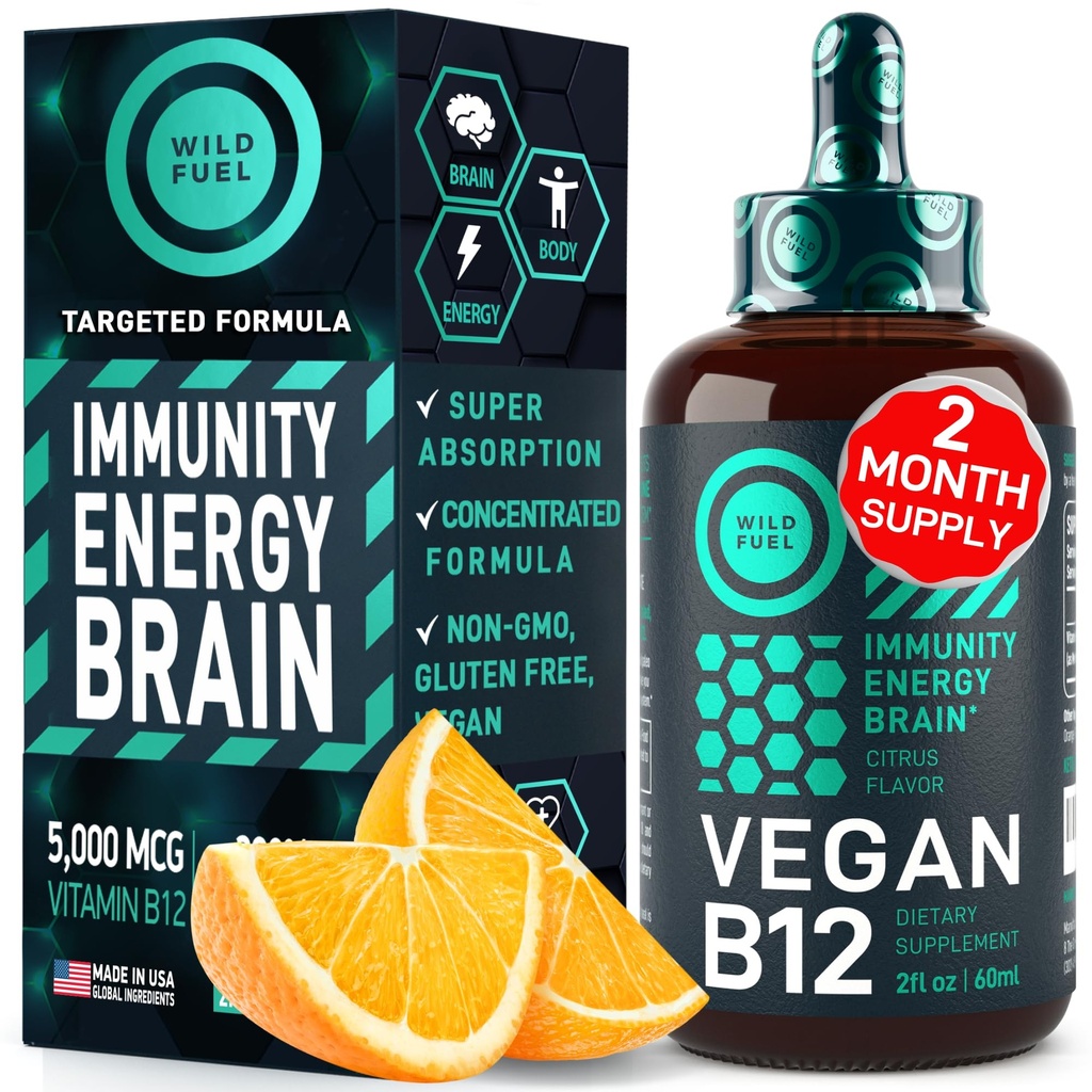 Vegan Vitamin B12 Liquid Drops - Snelwerkende B12 Sublingual 5000 mcg Methylcobalamine Supplement - Energie, Geheugen en Mood Ondersteuning - High-Potency One-Dropper Per Day - Natuurlijke Citrus smaak - 2oz