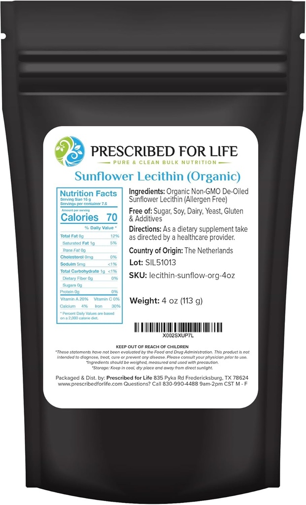 Voorgeschreven voor het leven biologisch Zonnebloemlecitijnpoeder, natuurlijk, glutenvrij, veganistisch, non-GMO, sojavrij, kosjer, citroensupplement rijk aan choline en essentiële vetzuren (4oz / 113g)