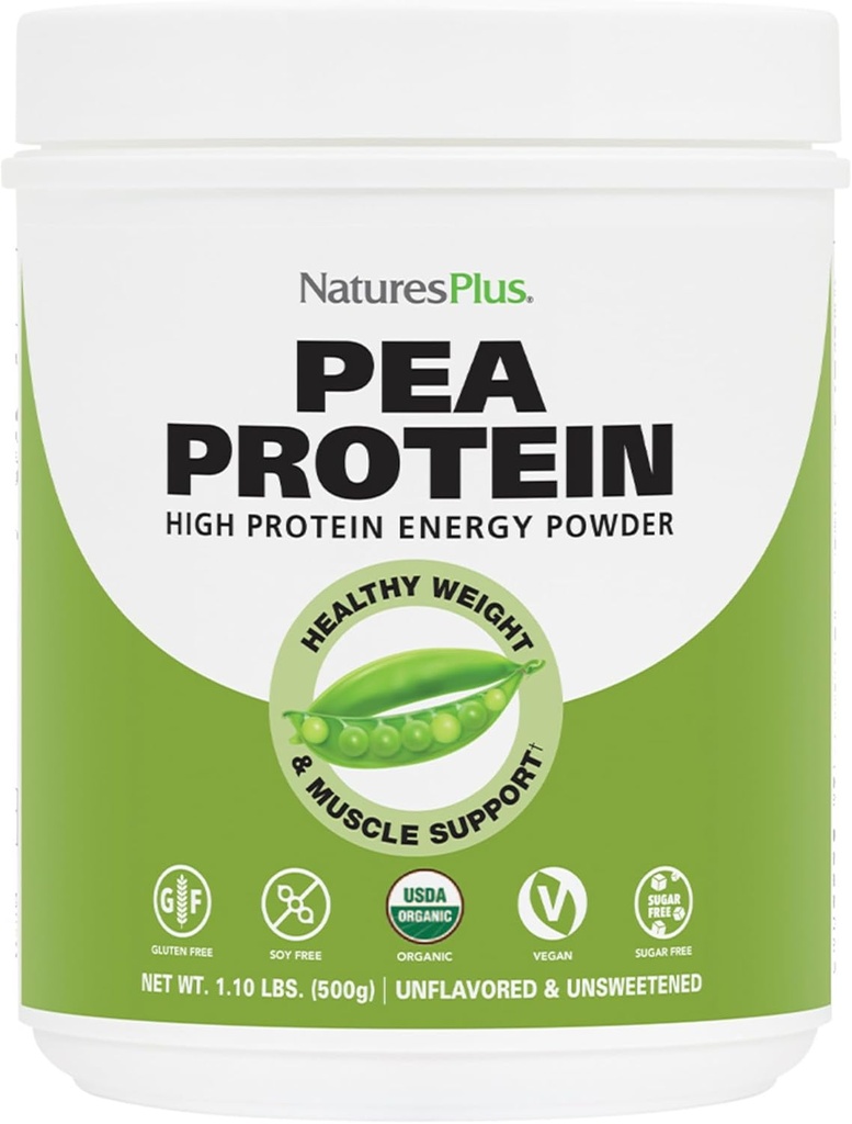 Natures Plus Protéines de pois organiques - 1,1 lb, Poudre de boisson végétalienne - Poudre de protéines à haute énergie, Suppresseur de la faim, Constructeur musculaire, favorise la santé cardiaque - Non-OGM, Végétarien, Sans gluten - 25 portions