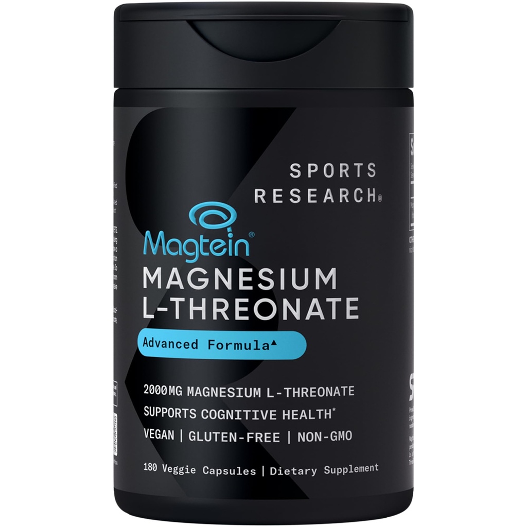Sportonderzoek Magtein Magnesium L-Threonate Capsules - Magnesium Supplement for Memory, Focus & Cognition - Magnesium L Threonate Supports Brain Health, Sleep & Mood- 2000mg, 180 Capsules for Adults