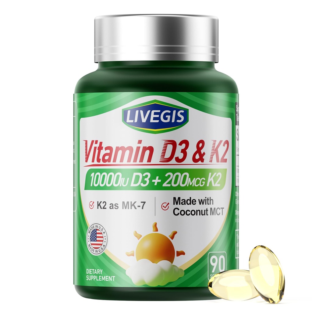 Vitamine D3 K2 Softgels, D3 10000 IE met K2 (MK-7) 200 mcg met Kokosolie Softgels, Eenvoudig doorslikken 2 in 1 Vitamine D & K, Ondersteunt Calcium Absorptie, Immune en Hart Gezondheid - 90 Telt