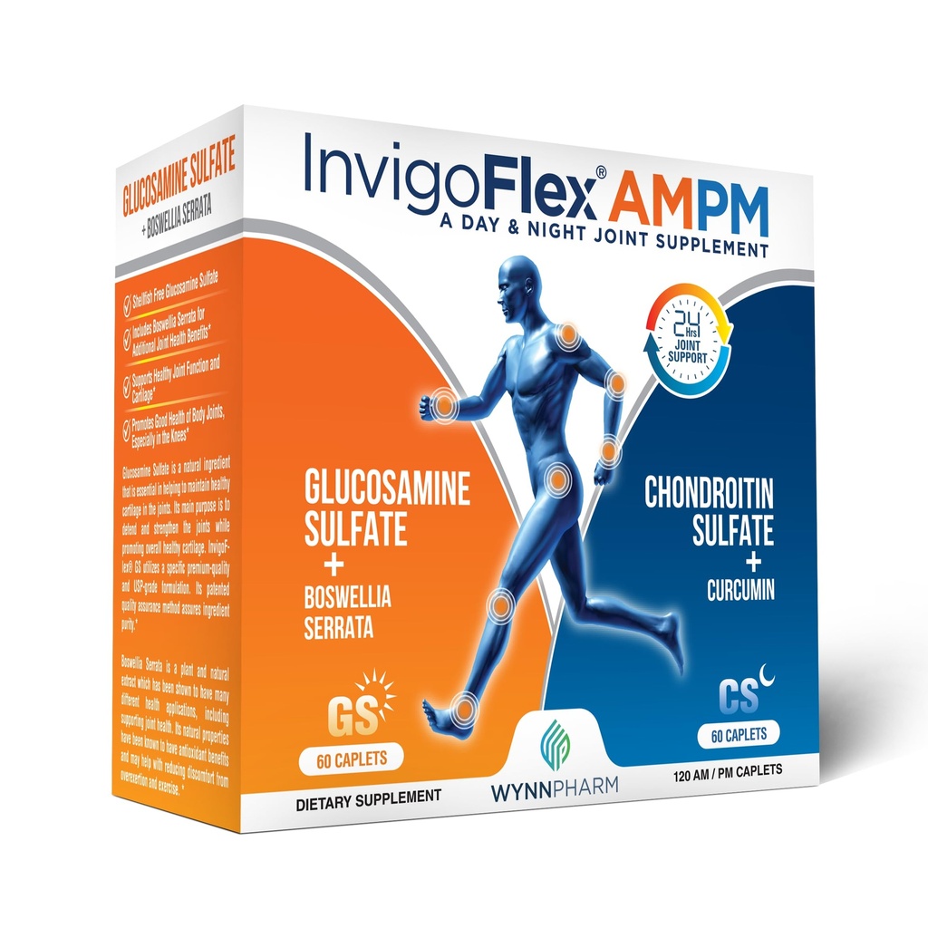 INVIGOFLEX® AMPM - Glucosamine en Chondroitinsulfaat - Kurkuma Curcumin - Boswellia Serrata (Niet GGO) voor knieën, handen, rug en heup 24 - Uur Premium Gezamenlijk supplement