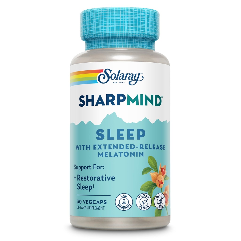 SOLARAY SharpMind Sleep, Nootropic Sleep Aid Formula, Nootropics Brain Support Supplement voor een kalme Mood en gezonde slaap met een trage release Melatonine 3mg, 60 dagen garantie, 30 porties, 30 VegCaps