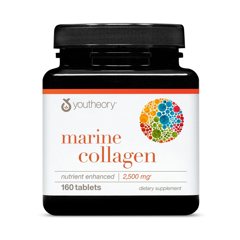 Youtheory Marine Collageen - 2500 mg - Ondersteunt Joint, Nail, Hair, Skin, Bone & Muscle Health* - met Aminozuren, Mineralen & Vitaminen C, A, E, B6 & B12-160 Tabletten (32-Dagvoorziening)