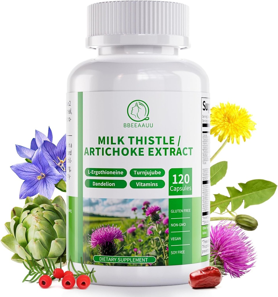Complément de chardon de lait, formule de désintoxication et de réparation du foie, pilule de soutien du foie 16-en-1 avec artichaut, L-ergothioneine, extrait de dandelion de Turnjube pour foie et antioxydant 120 capsules