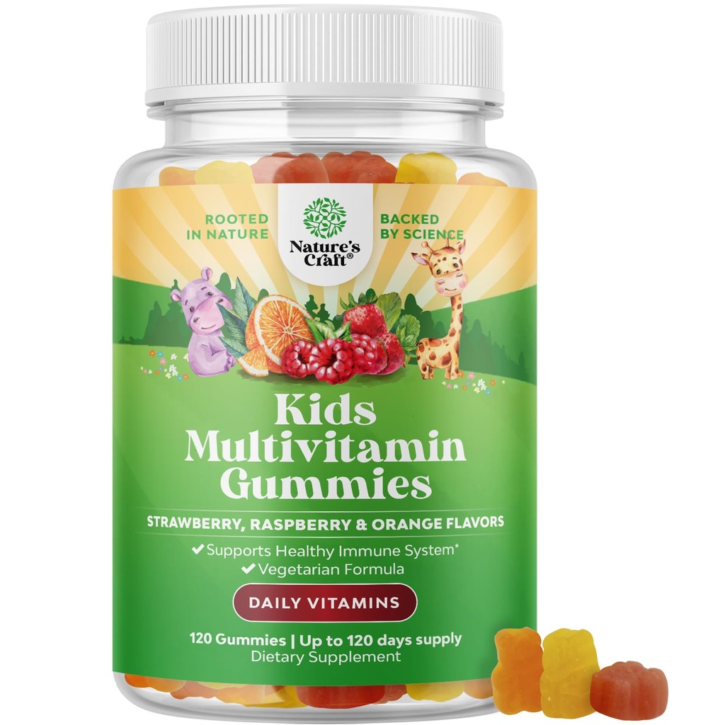 Natures Craft Plant Based Kids Multivitamine Gummies - Multivitamine voor kinderen Immuniteit ondersteuning Gummies met vitamines A C D3 E B en zink Gelatine en glutenvrije non-GMO Vitaminen Gummy Formule 120ct