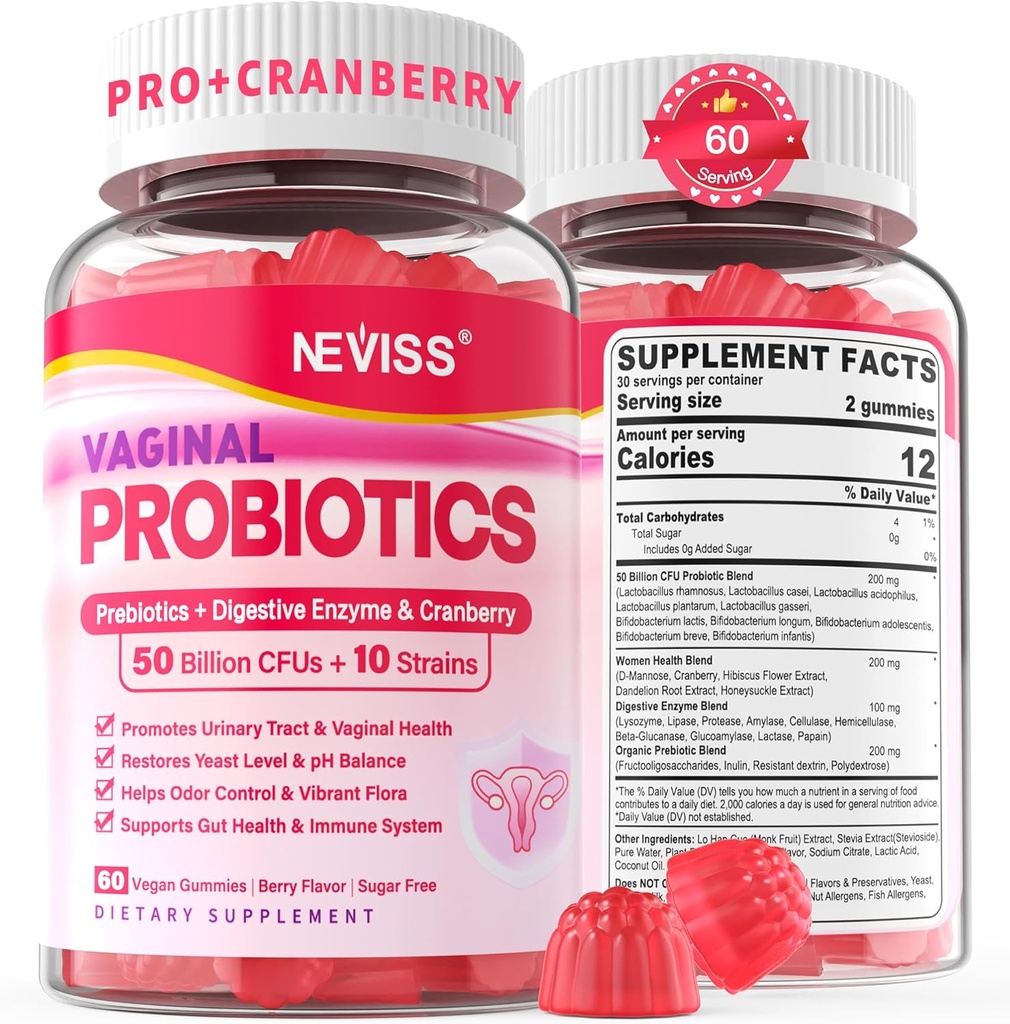 Vaginale Probiotica Gummies voor Vrouwen PH Balance, Odor Control met Prebiotica, Cranberry, D-Mannose, bevordert Vrouwelijke Gezonde Vaginale Flora, Urinaire Tract, Gist, Digestieve Ondersteuning, Suikervrij,120Ct
