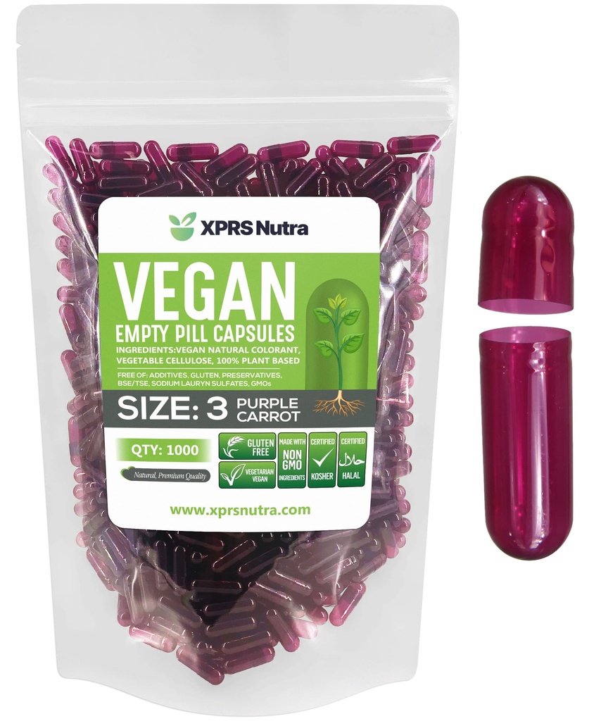 XPRS Nutra Taille 3 Capsules vides - 1000 Compte Vide Vegan - Pilules végétariennes - Bricolage Gélule végétale Remplissage - Caps de pilules veggie (carotte pulpeuse)