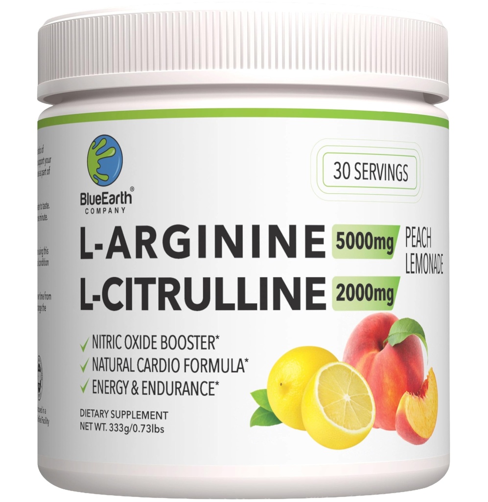 L-Arginine 5000mg + L-Citrulline 2000mg Complex Powder Supplement - Nitric Oxidation Booster - Heart Health, Blood Flow, Energy & Endurance - 30 Servers (Peach Lemonade)