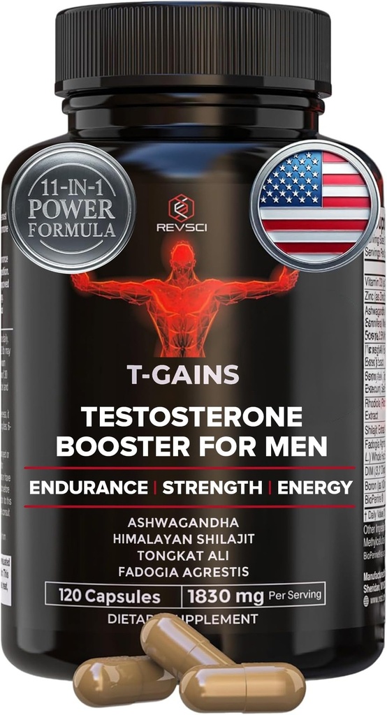 Anabole Booster & Muscle Builder, T-GAINS Testosteron Supplement voor mannen, TRT Test Booster & Estrogen Blocker, HGH Supplementen voor mannen - Tongkat Ali Fadogia Agrestis voor spiergroei, 120 Caps