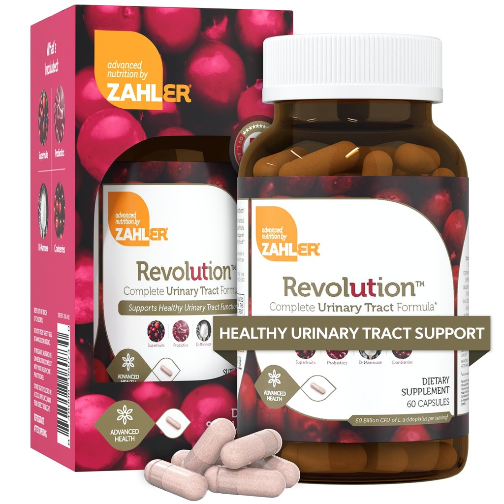 Revolution de Zahler - Formule complète pour la santé urinaire des femmes avec probiotiques - Pilules UTI - Supplément D-Mannose et canneberge de 1200mg - Soutien aux infections urinaires des femmes (60 capsules)
