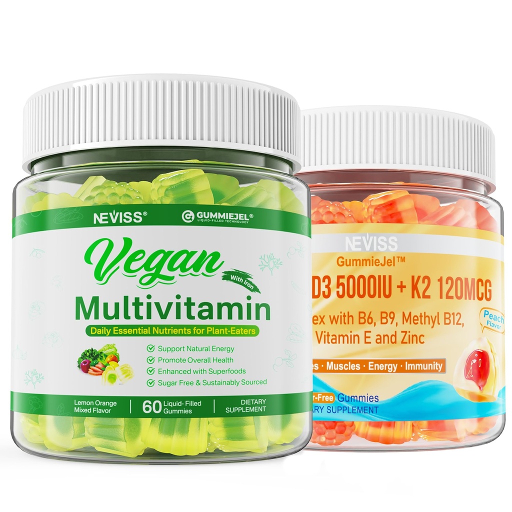 NEVISS Vitamine D3 5000IU + K2 (MK-7) 120mcg met Vegan Multivitamine voor vrouwen Mannen met ijzer, vitamine B12, A, D3, K2, Algen Omega 3, Magnesium, Zink